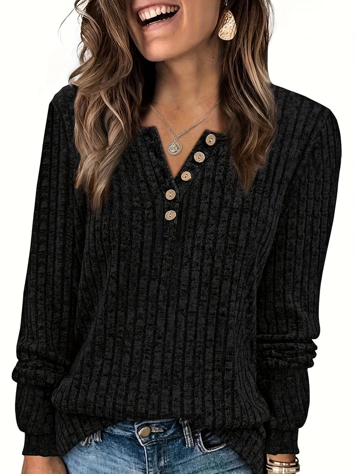 Roweelle - Long Sleeve Ribbed Button Henley Top