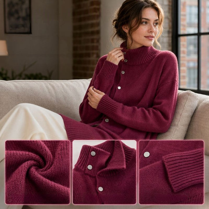Renette - Longline Knit Sweater With Turtleneck and Buttons