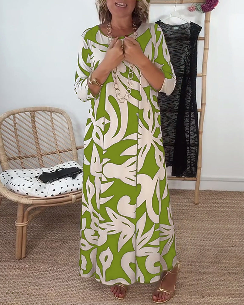 Halina - Round Neck And Long Sleeves With Print Dress