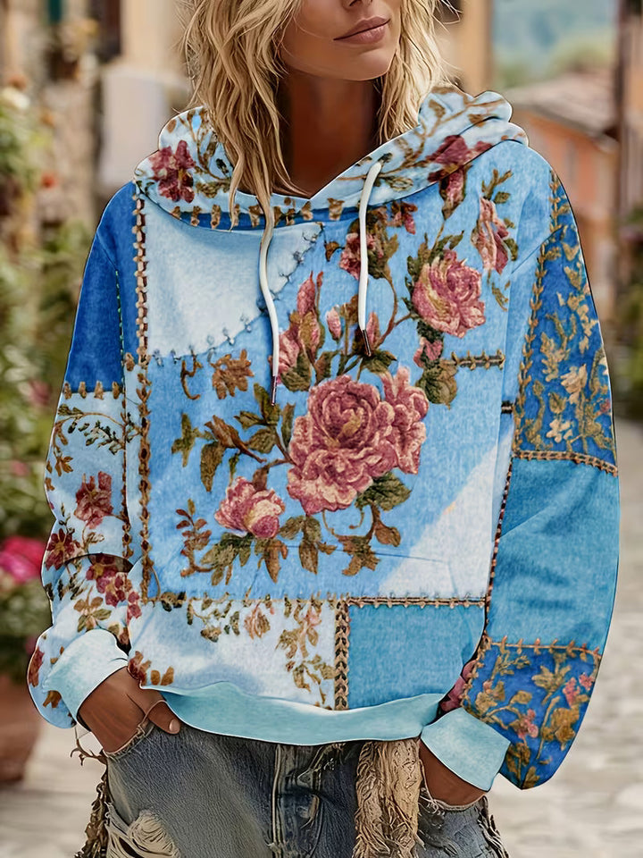 Zaneosica - Floral Patchwork Long Sleeve Hooded Top
