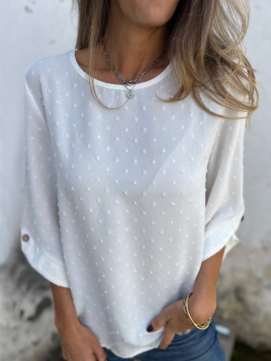 Lyutsiya - Round Neck Embroidered Large Cuffs Casual Shirt