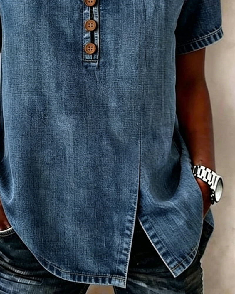 Lyjena - V-Neck Slit Denim Blouse