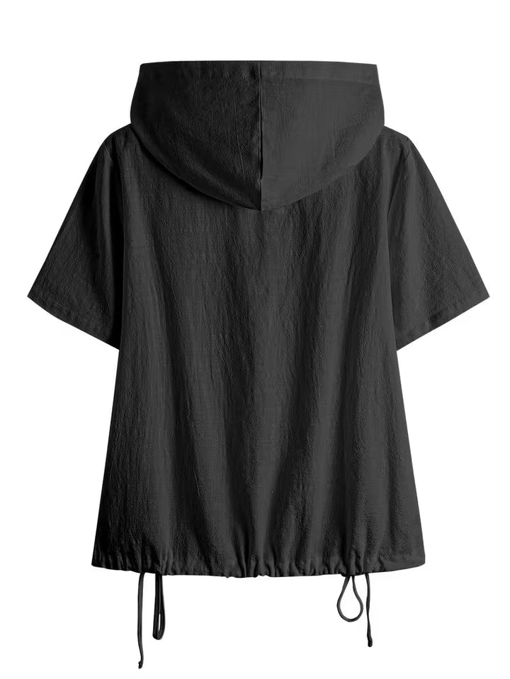 Bouchra - Loose Solid Color Hooded Short Sleeve Front Button