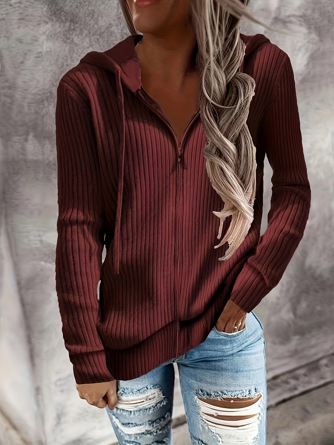 Tatjorina - Loose Fit Long Sleeve Ribbed Hooded Cardigan