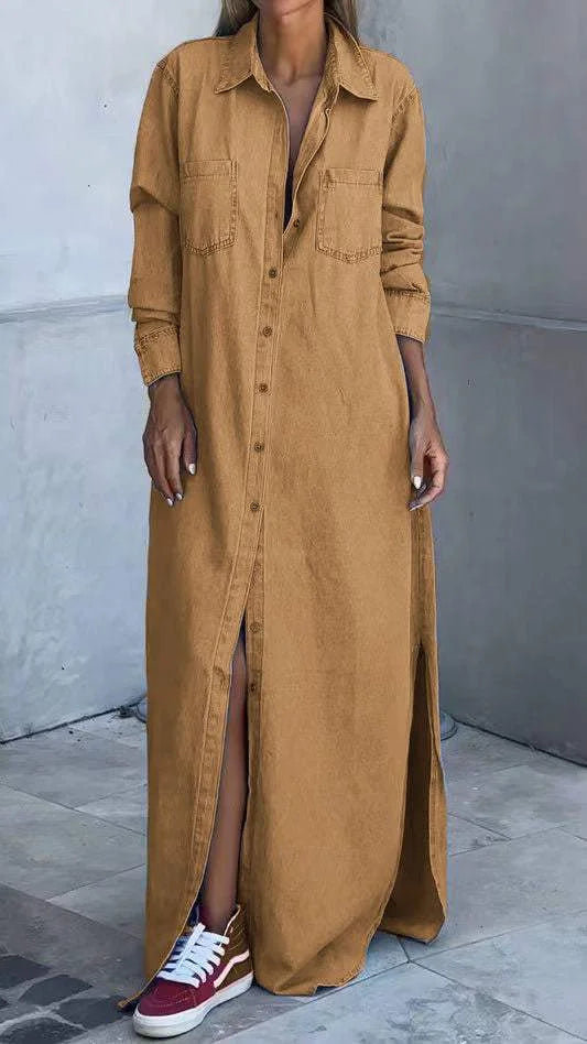 Vallina - Denim Long Sleeves Dress With Lapel