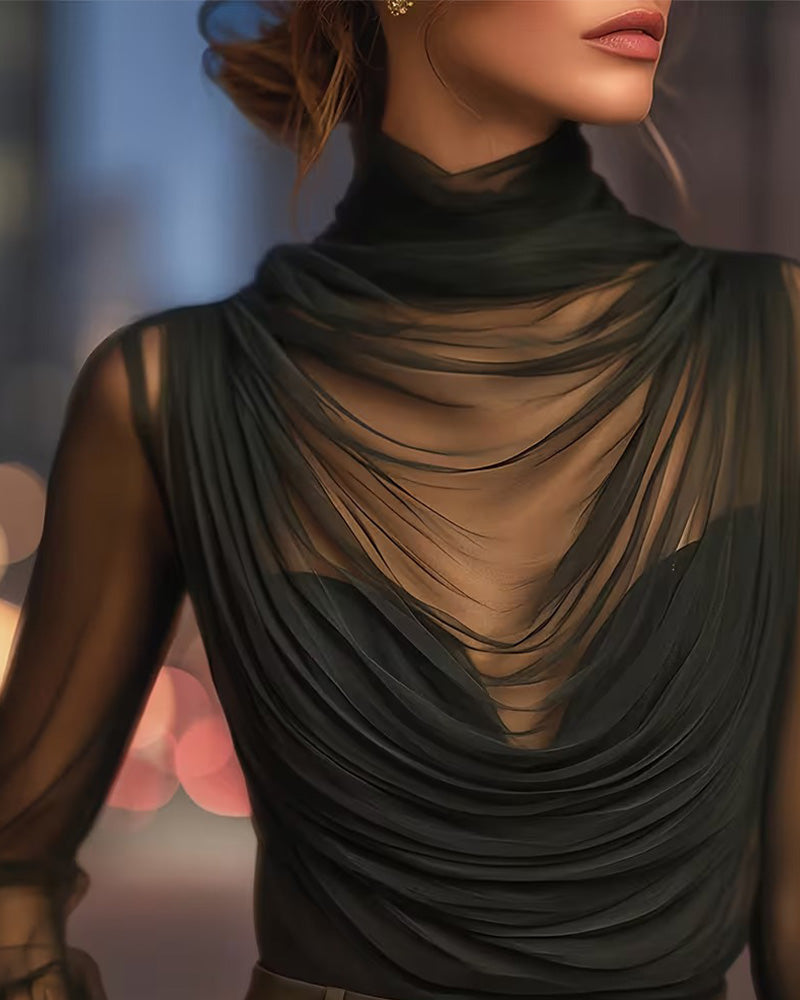 Jazmin - Sheer Draped High Neck Blouse