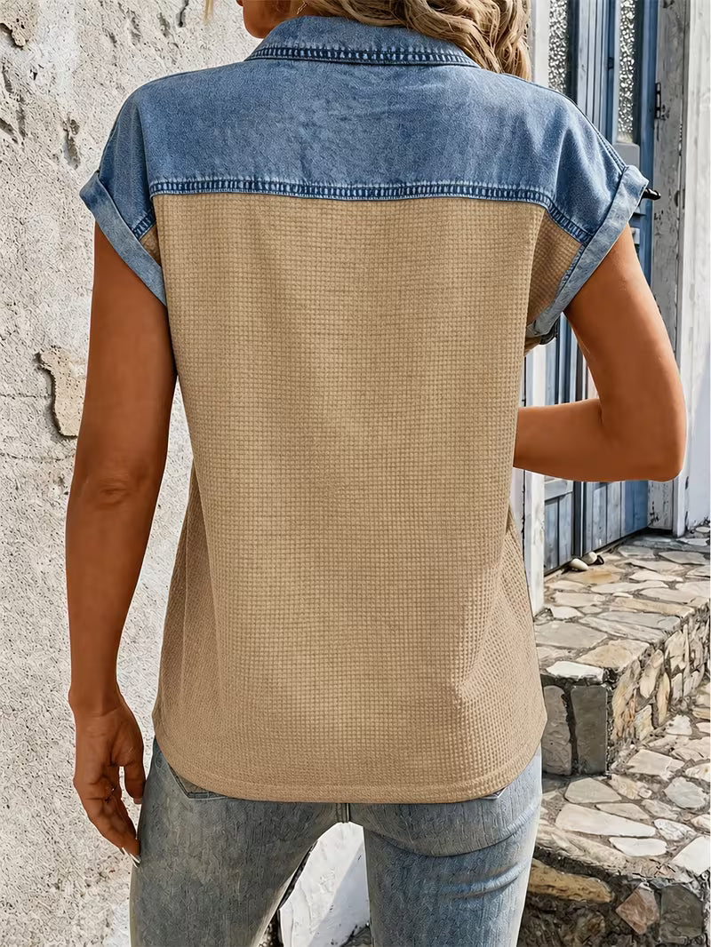 Haily - Casual Denim Patchwork Collar Top With Short Sleeve