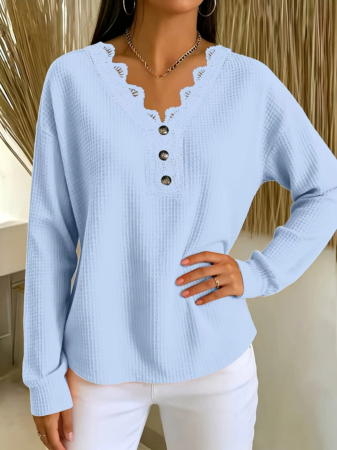 Brigeaia - Winter Long Sleeve Lace Top With Button