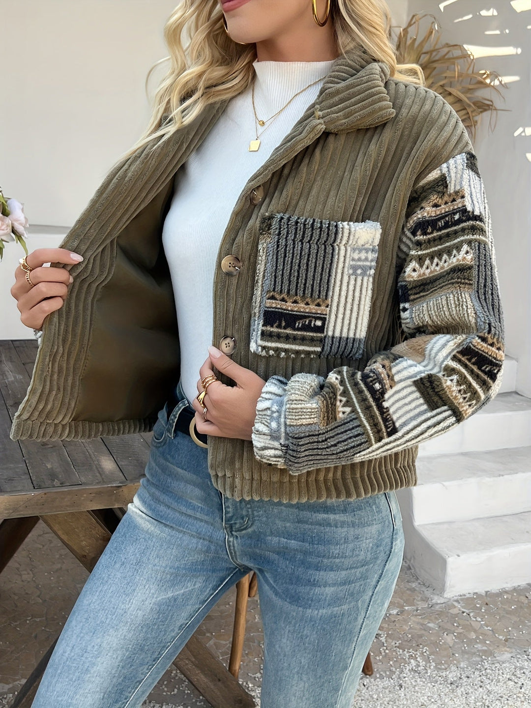 Laureays - Lapel Collar Long Sleeve Button Jacket