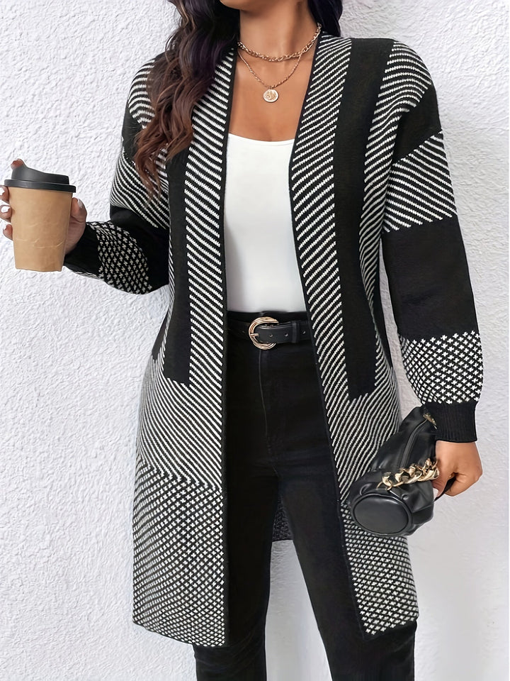 Liliyicia - Longline Geometric Knit Open Front Cardigan