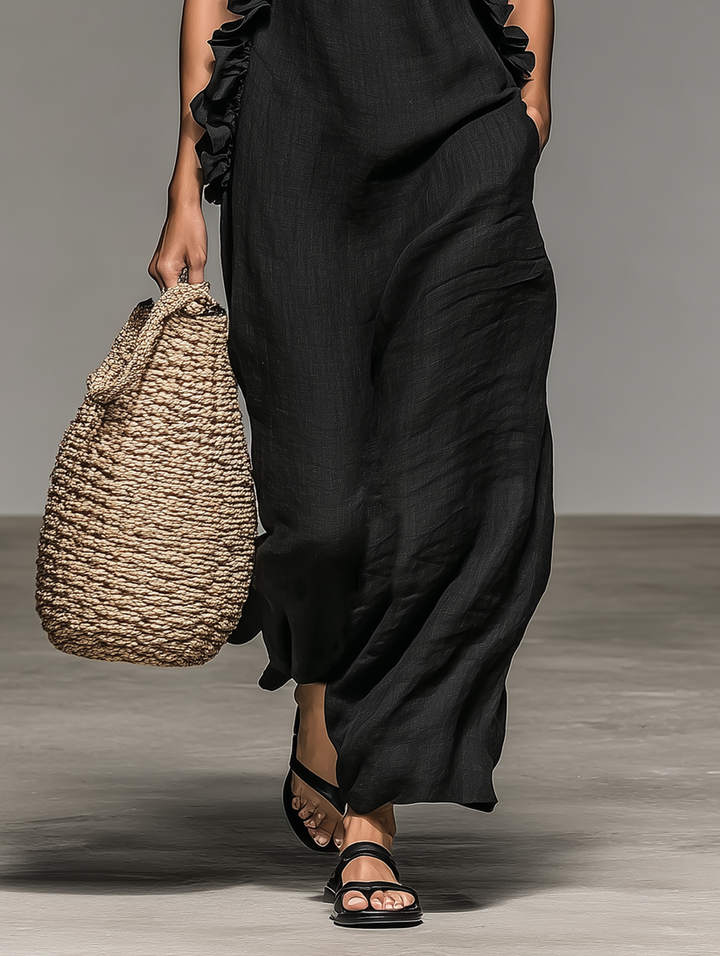 Brigonira - Sleeveless Ruffle Halter Neck Long Dress With Pockets