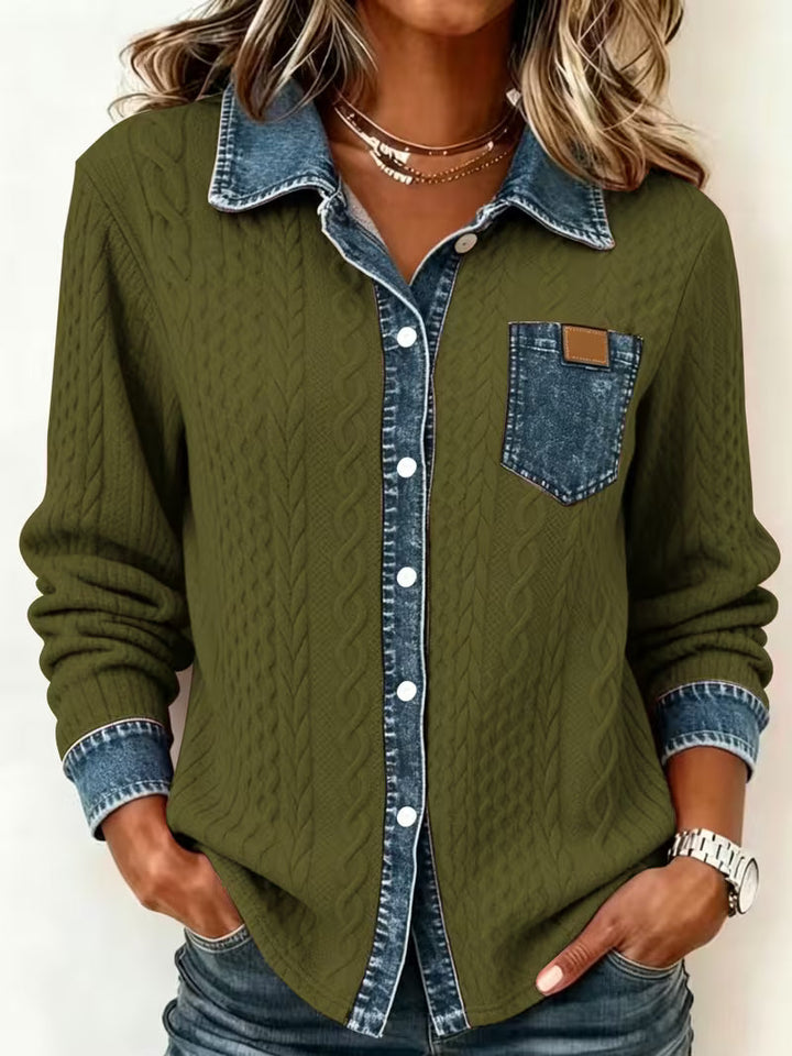 Isolaruya - Long Sleeve Cable Knit Shirt with Denim Collar