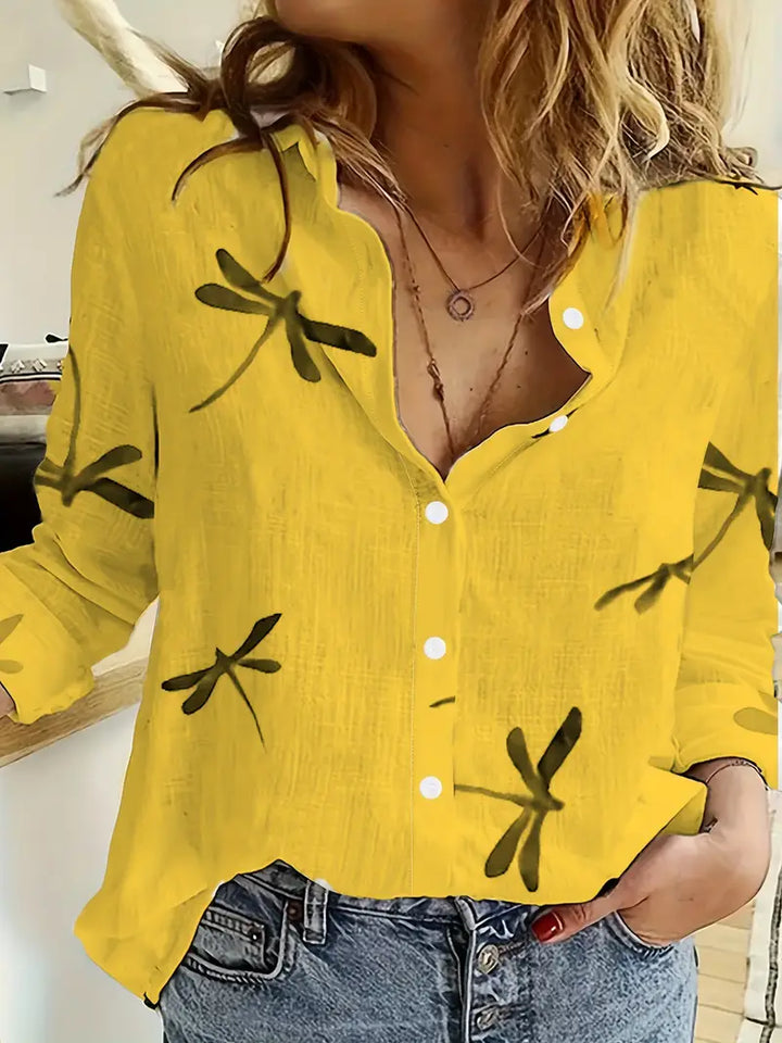 Melek - Casual Loose Fit Dragonfly Pattern Shirt