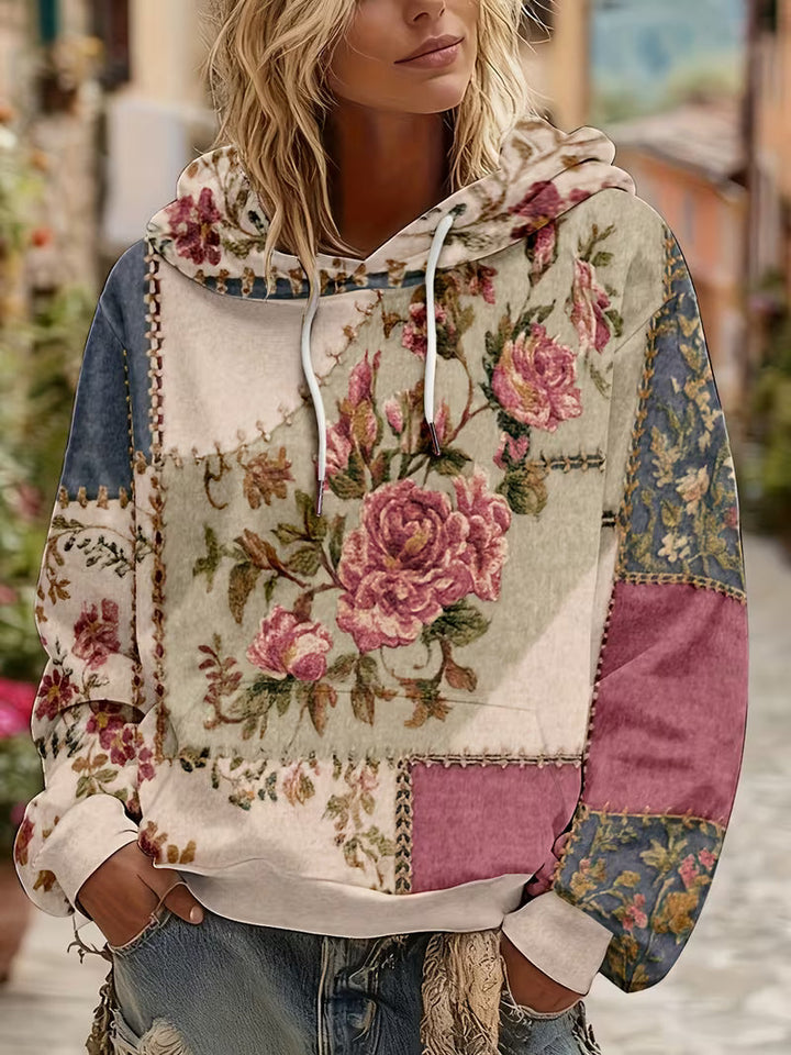 Zaneosica - Floral Patchwork Long Sleeve Hooded Top