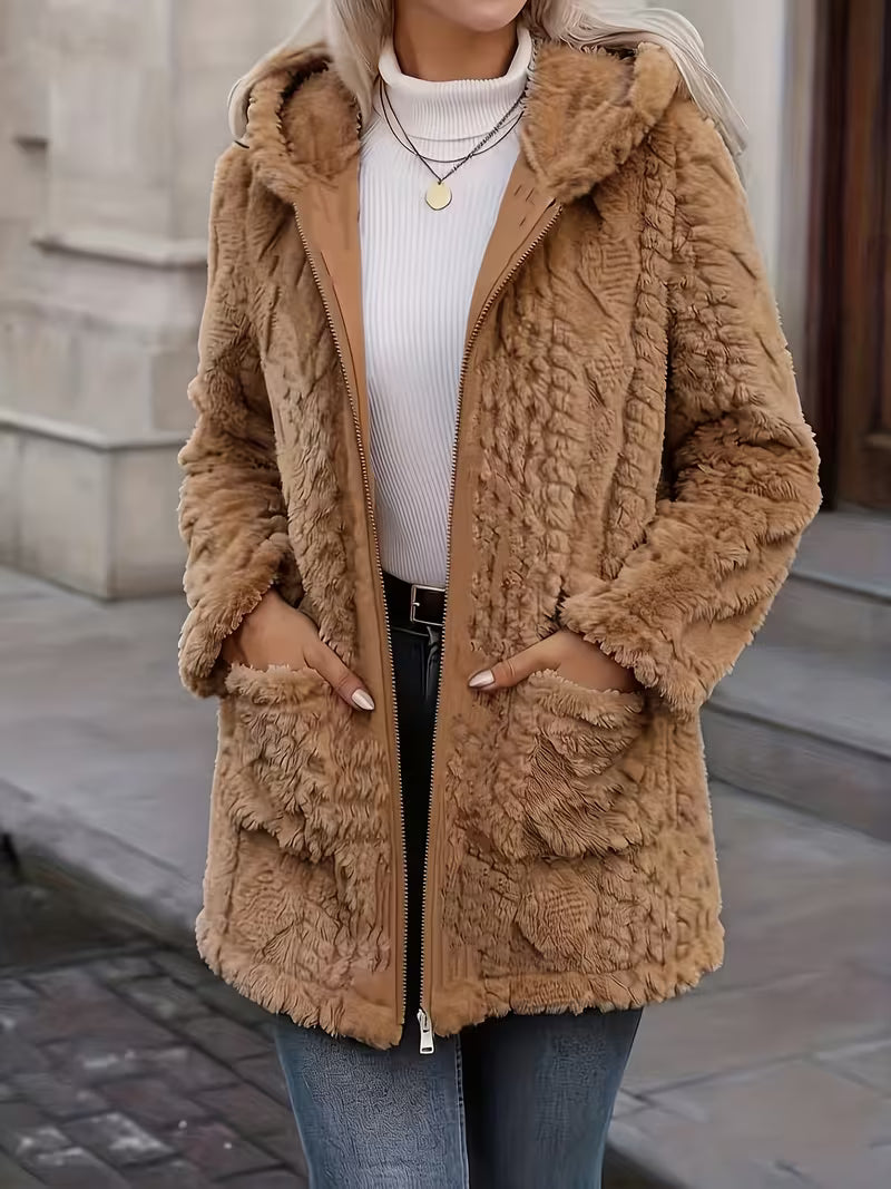 Zanea - Double Sided Plush Zip-Up Hooded Cardigan
