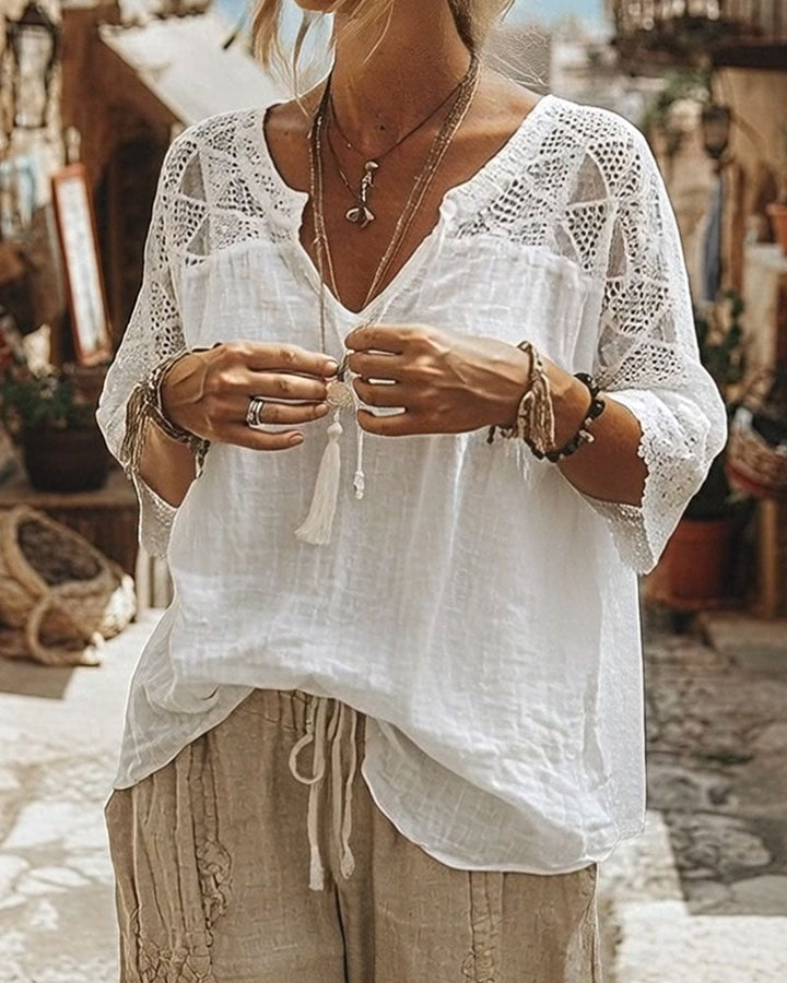 Essien - Lace Sleeve Loose Fit V-Neck Blouse