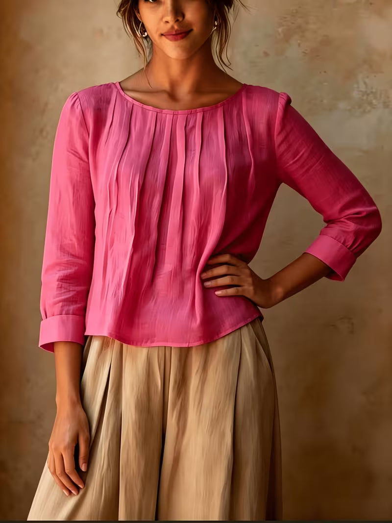 Gelina - Round Neck Blouse With Front Pleats