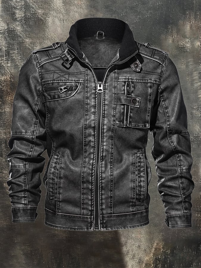 Ricky - Vintage Leather Outdoor Jacket With Multiple Pocket