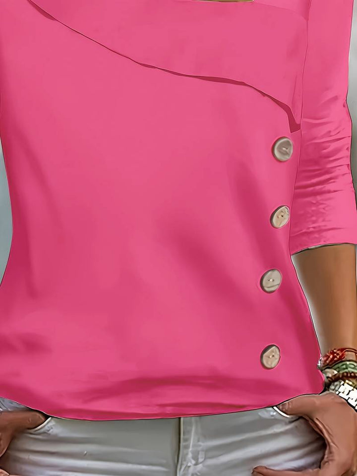Chelsey - Asymmetrical Collar Button Decor T-Shirt
