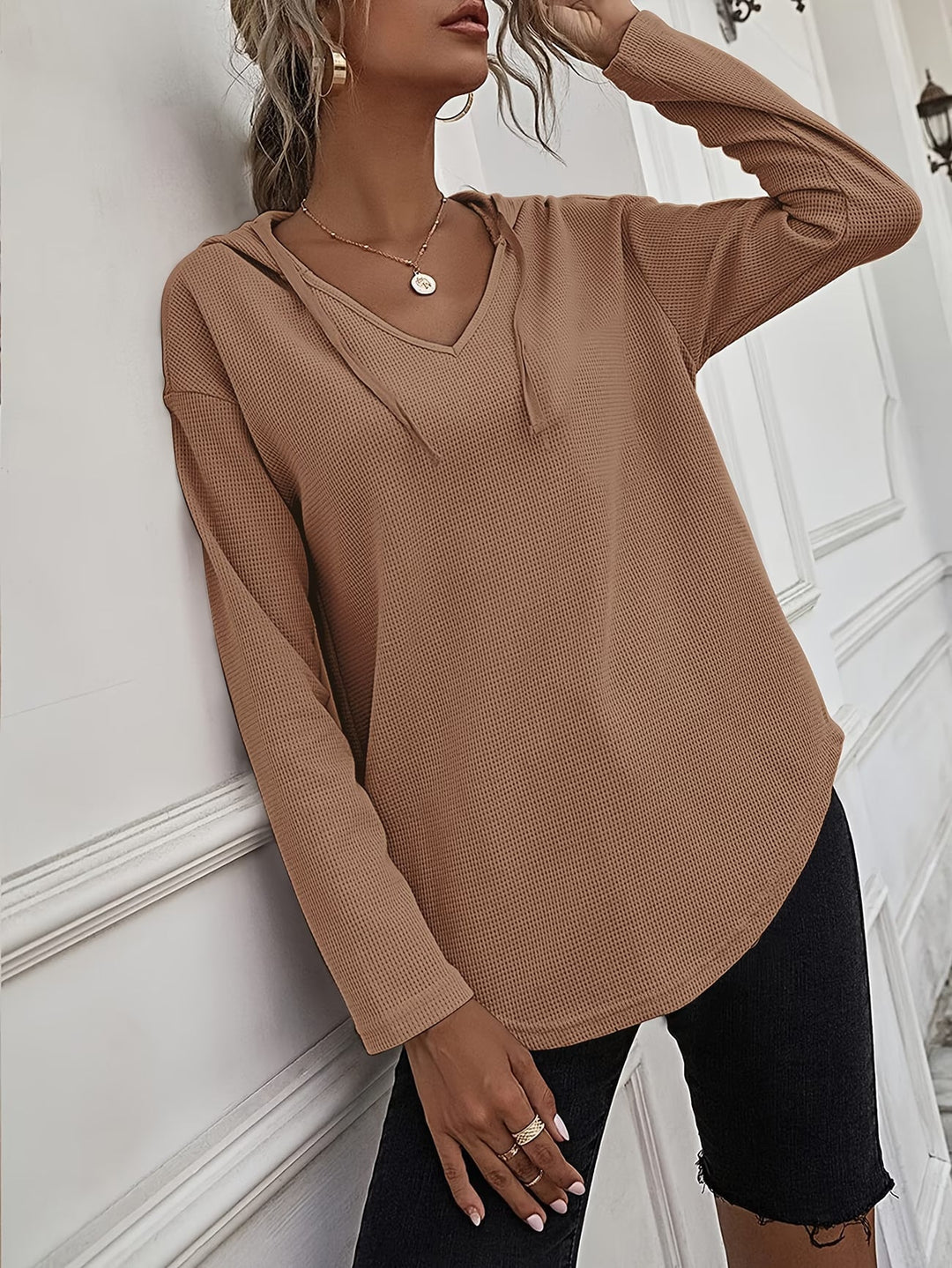 Laurette - Long Sleeve V Neck Hoodie