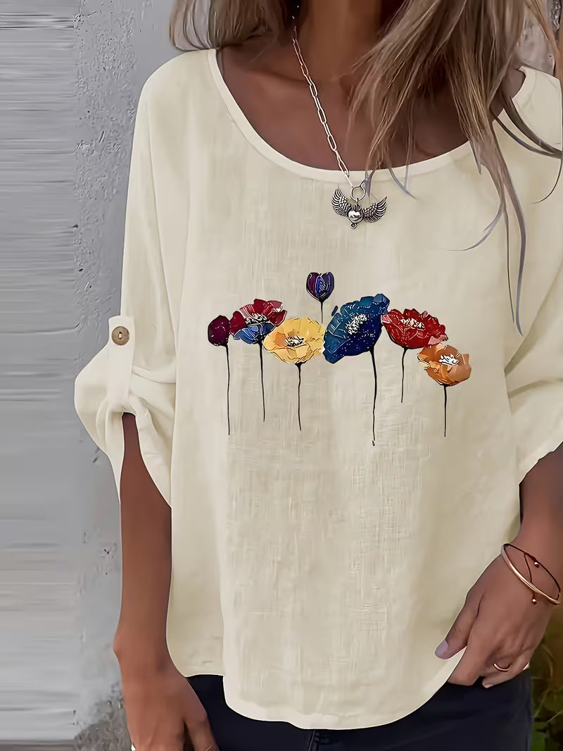 Soleelis - Floral Print Roll-Tab Sleeve Loose Top