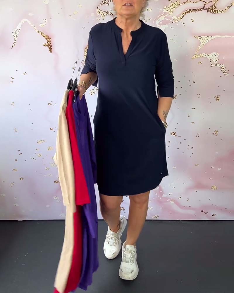 Sabela - Fashinable Plain Dress With V-neck