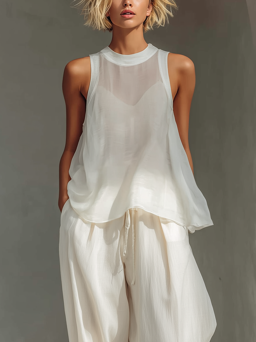 Olivian - Chiffon Sleeveless Top & Wide-Leg Pants Set