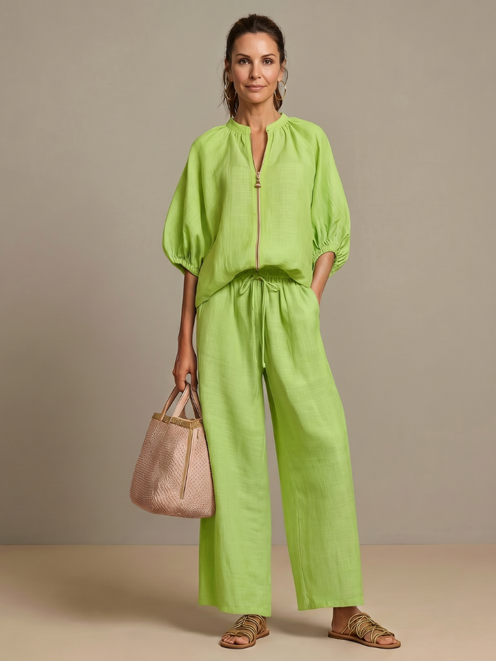 Sharina - Zip-up Blouse And Wide-Leg Pant Set