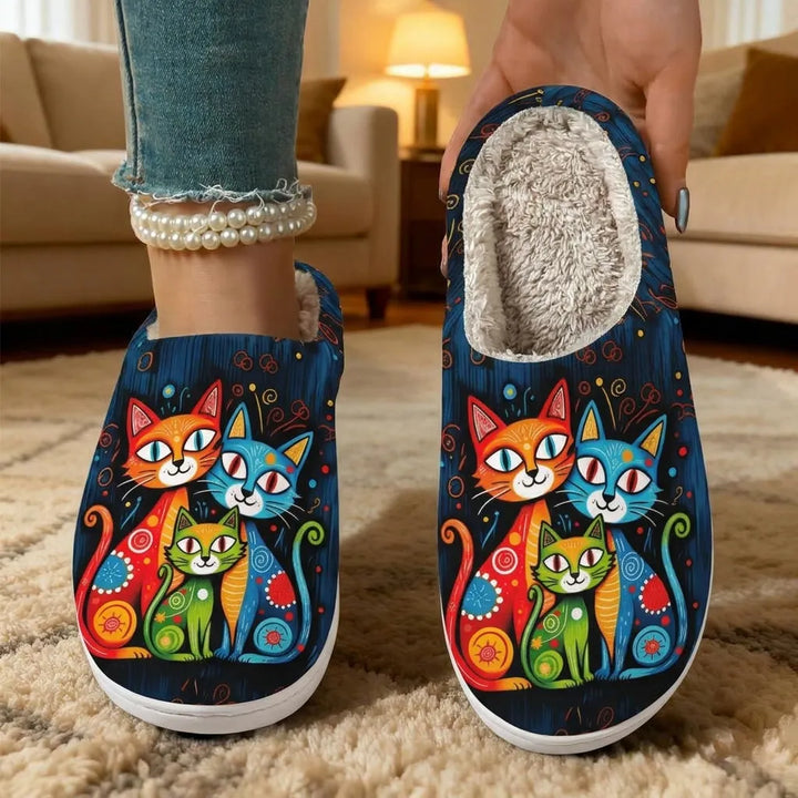 Jovisova - Cat Print Plush-Lined Slippers
