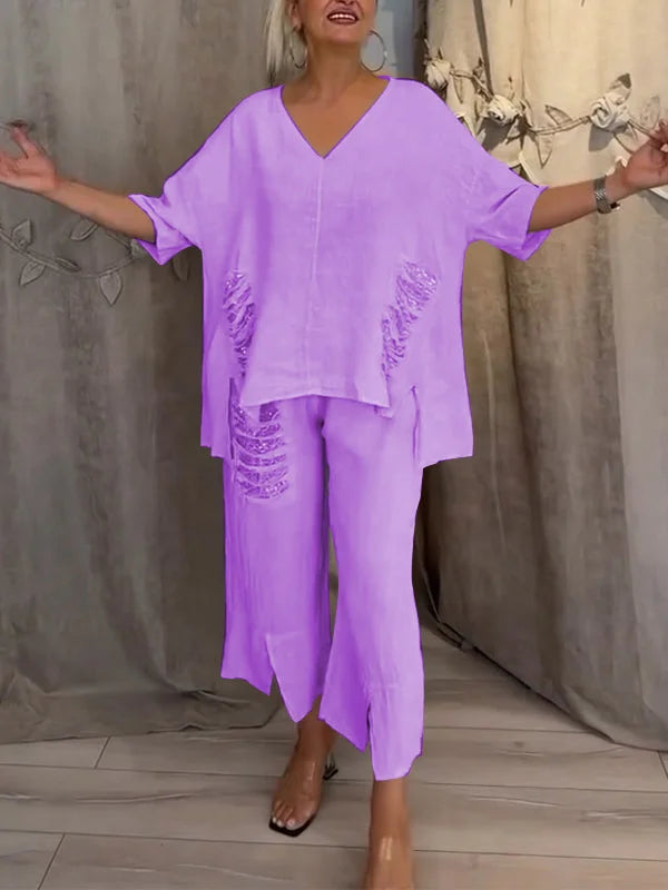 Himashi - Stylish Two Piece Cotton And Linen Suit With V-Neck