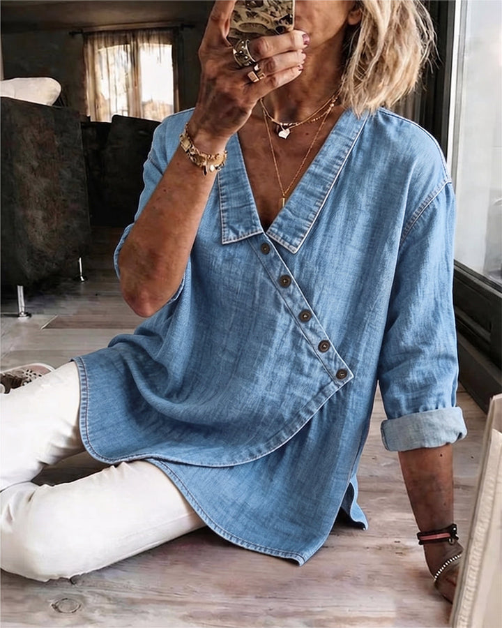 Kalisaisa - Plain Blouse With Diagonal Button Neck