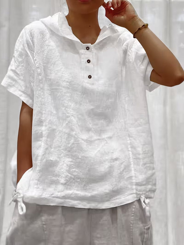 Bouchra - Loose Solid Color Hooded Short Sleeve Front Button