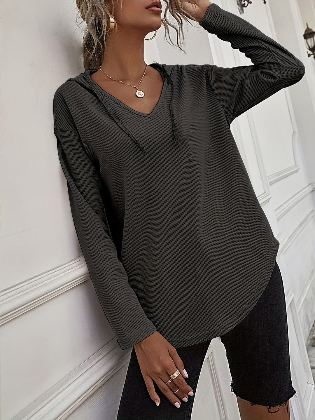 Laurette - Long Sleeve V Neck Hoodie