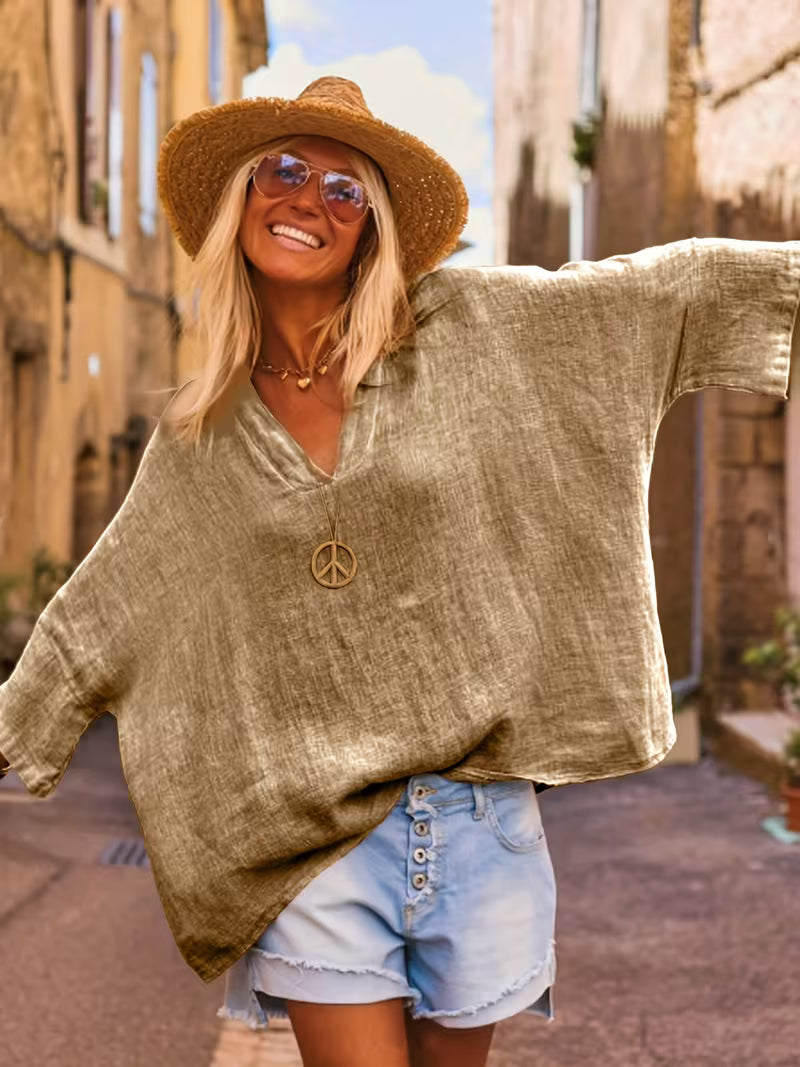 Lelina - V-neck Batwing Sleeve Top