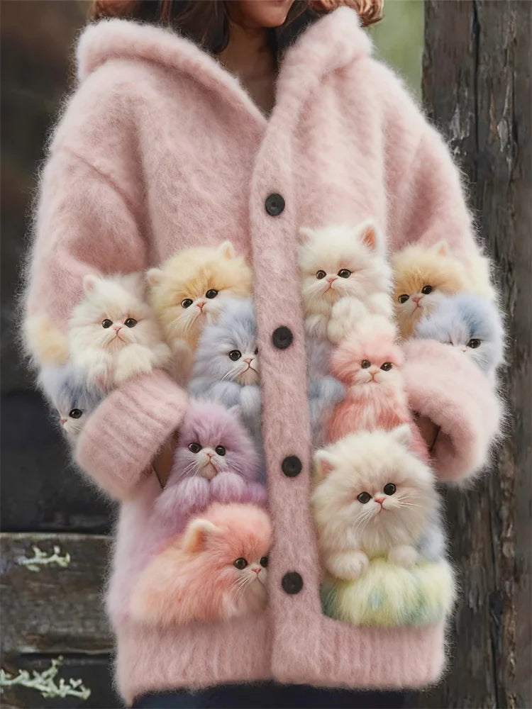 Kelsie - Fluffy Hooded Cardigan with Cats