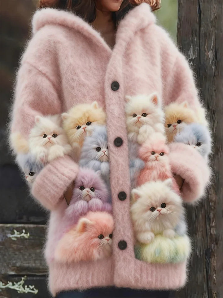 Kelsie - Fluffy Hooded Cardigan with Cats