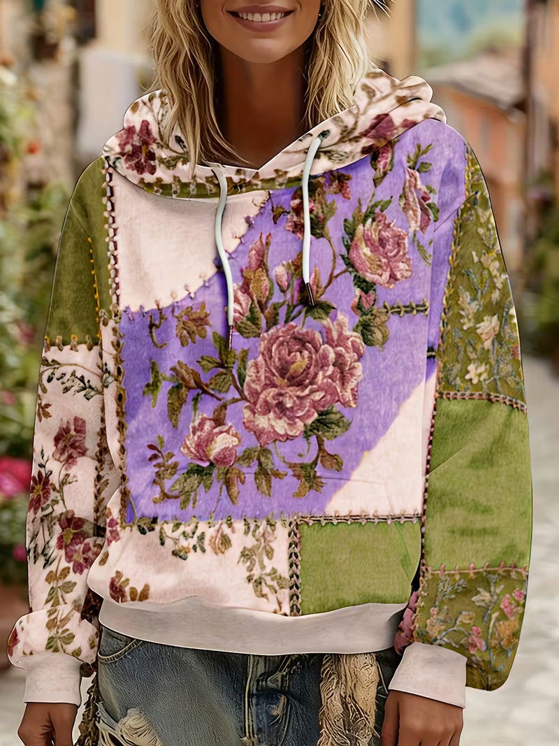 Zaneosica - Floral Patchwork Long Sleeve Hooded Top