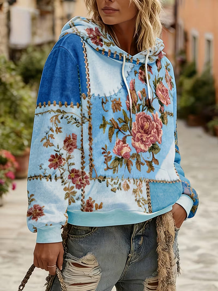 Zaneosica - Floral Patchwork Long Sleeve Hooded Top