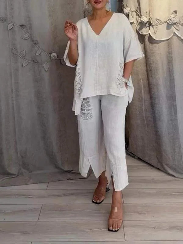 Himashi - Stylish Two Piece Cotton And Linen Suit With V-Neck