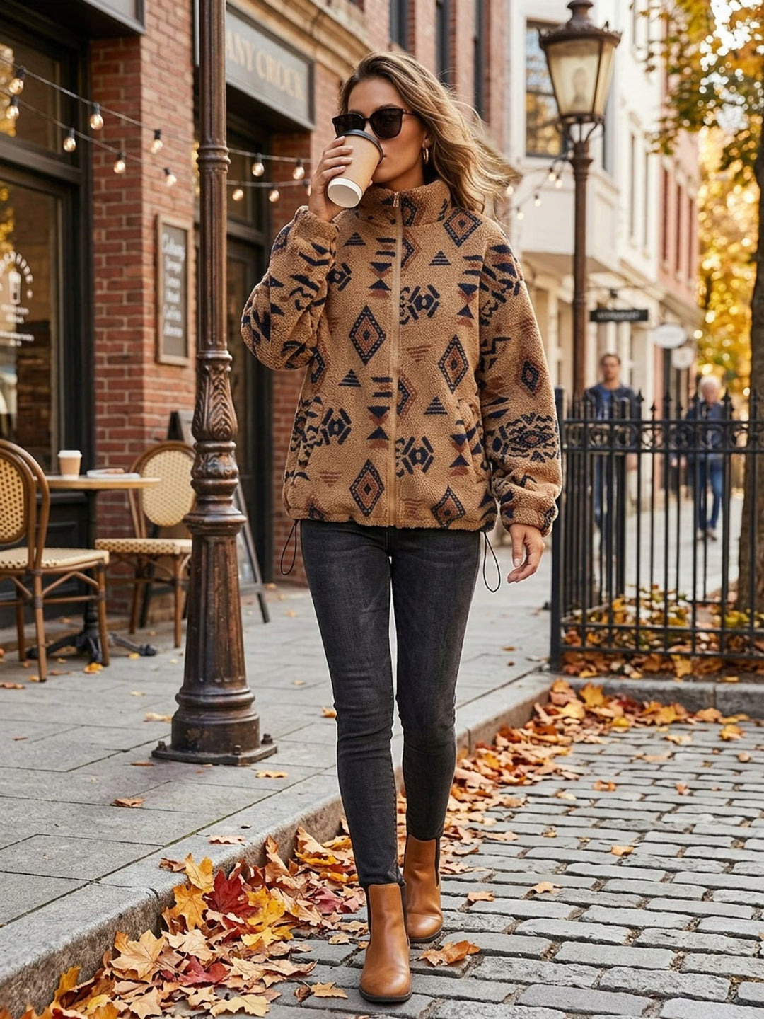 Anelalina - Long Sleeve Geometric Print Jacket