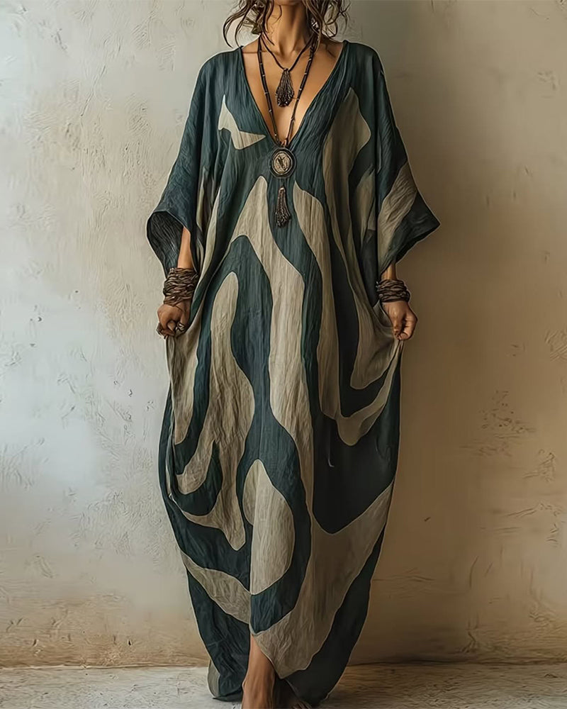 Briina - V-Neck Abstract Pattern Loose Maxi Dress