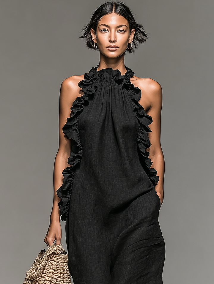 Brigonira - Sleeveless Ruffle Halter Neck Long Dress With Pockets