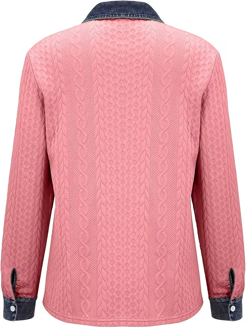 Isolaruya - Long Sleeve Cable Knit Shirt with Denim Collar