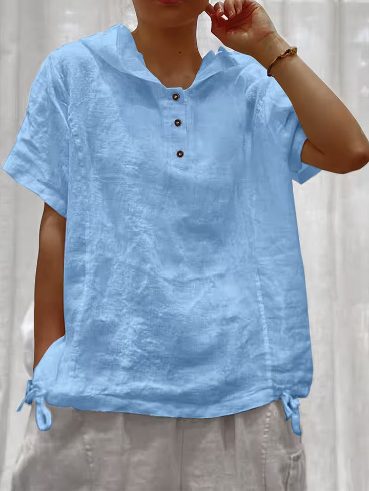 Bouchra - Loose Solid Color Hooded Short Sleeve Front Button
