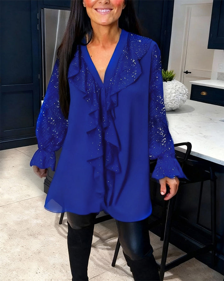 Alexiss - Sparkle Ruffle V-Neck Blouse