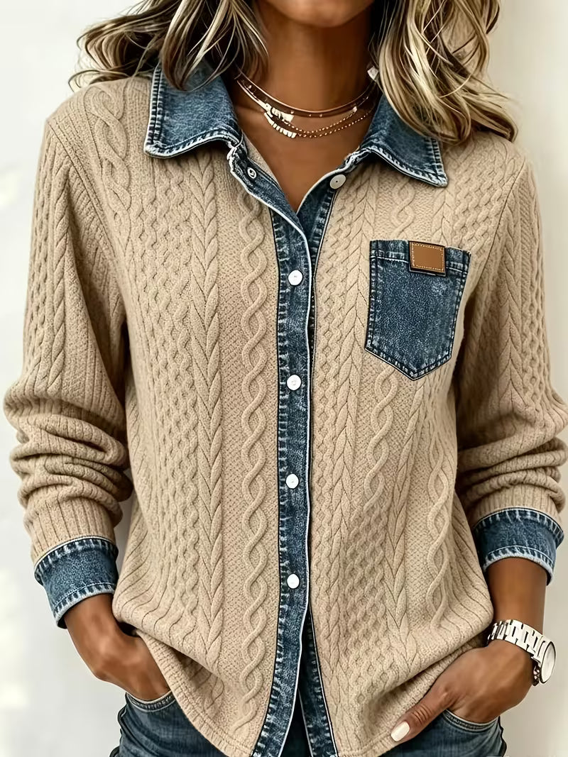Isolaruya - Long Sleeve Cable Knit Shirt with Denim Collar