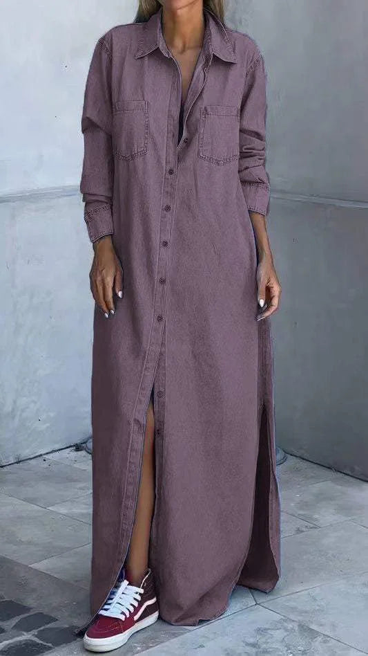 Vallina - Denim Long Sleeves Dress With Lapel