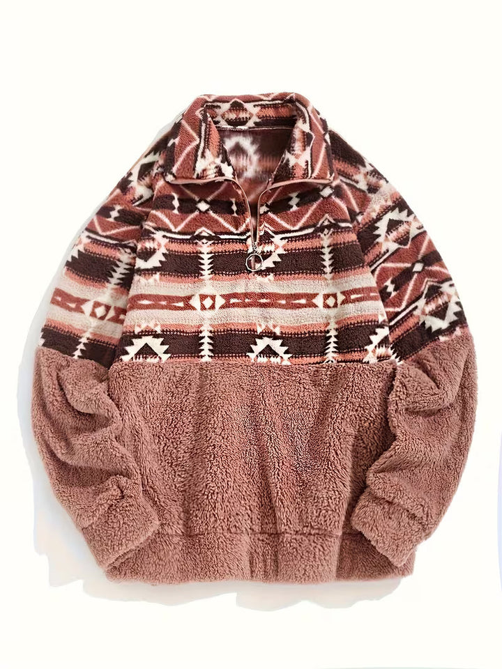 Florira - Geo Pattern Half-Zip Teddy Sweatshirt