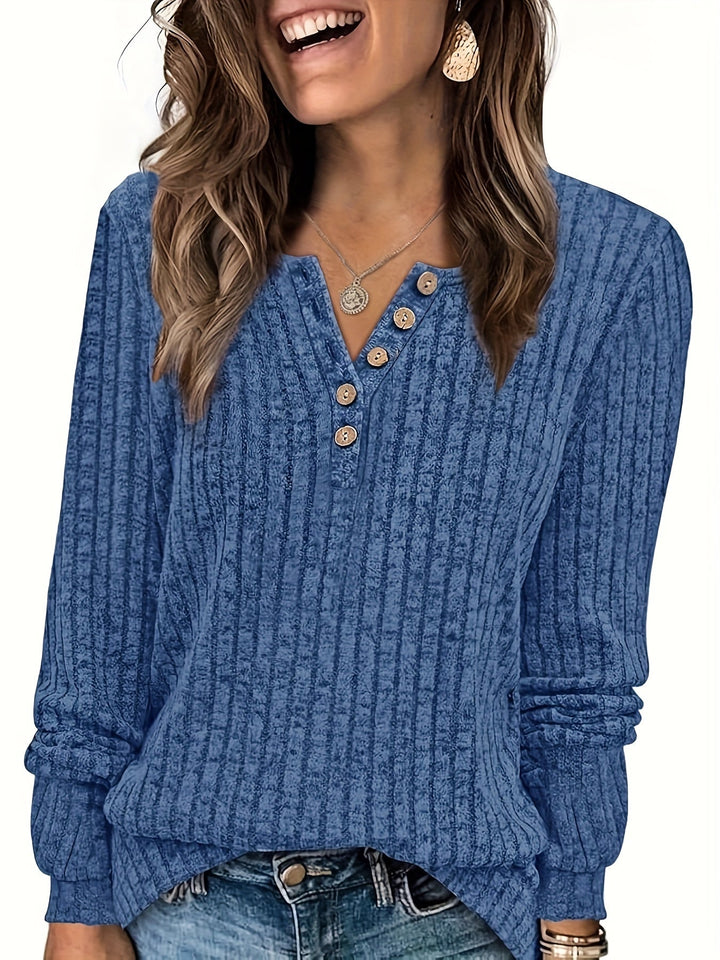 Roweelle - Long Sleeve Ribbed Button Henley Top