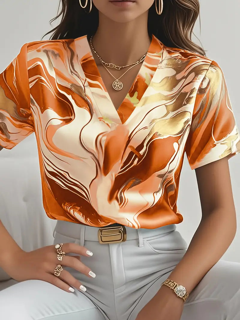 Maroula - Elegant Marble Print Short Sleeve Shirt